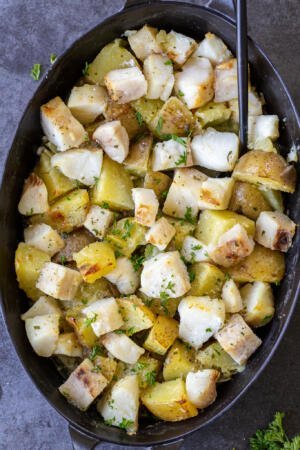 Roasted Cod and Potatoes in a pan