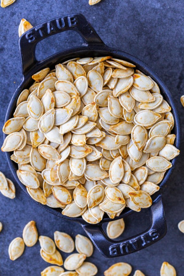 roasted pumpkin seeds in a serving bowl 
