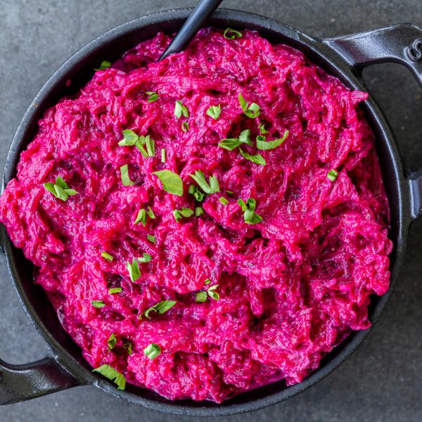 Russian beet salad with garlic in a bowl