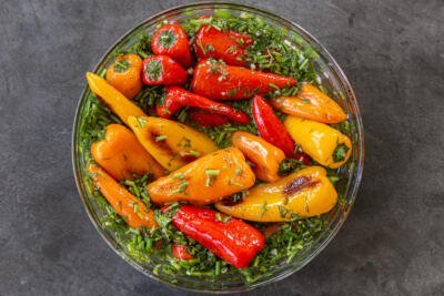 Quick Pickled Sweet Mini Bell Peppers in a bowl marinating