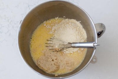 Liquids, flour and yeast mixture in a mixing bowl