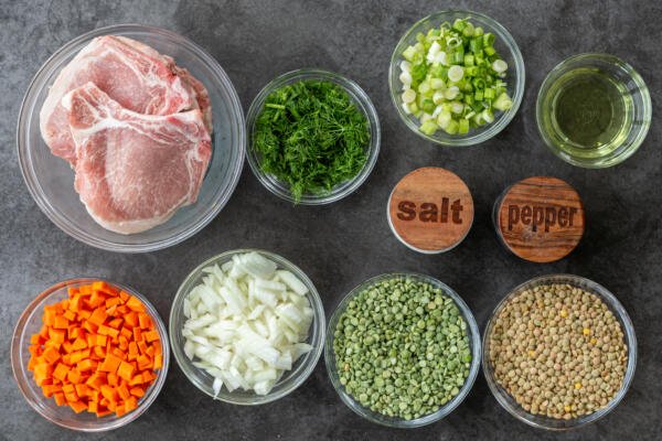 Ingredients for Split Pea and Lentil Soup with Pork Chops