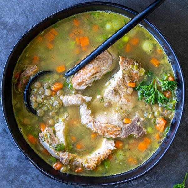 Split Pea and Lentil Soup with Pork Chops in a bowl