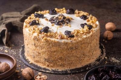Walnut Cake with Prunes on a stand