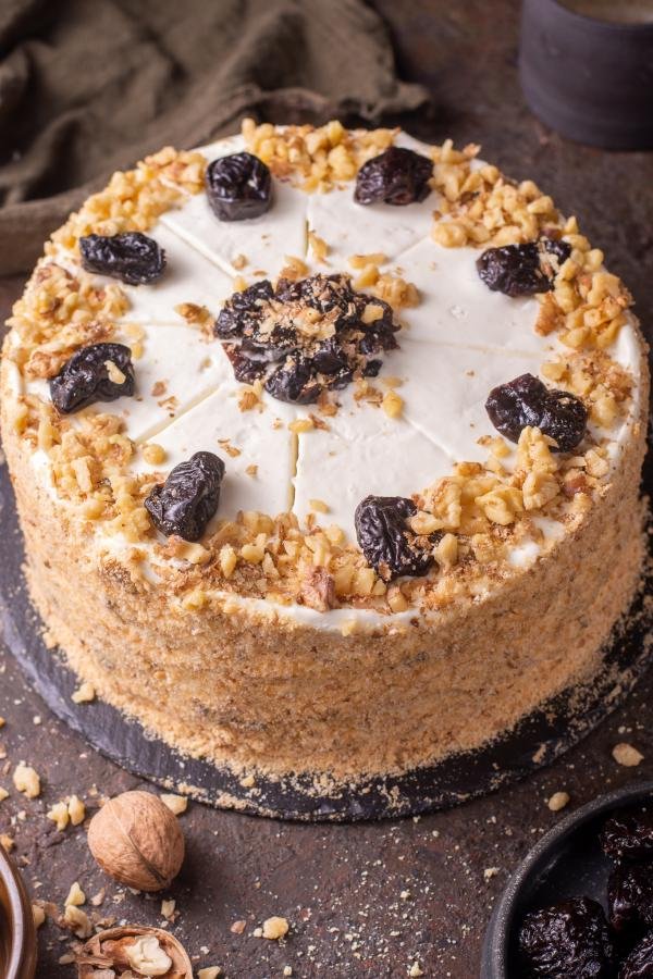 Walnut Cake with Prunes on a stand