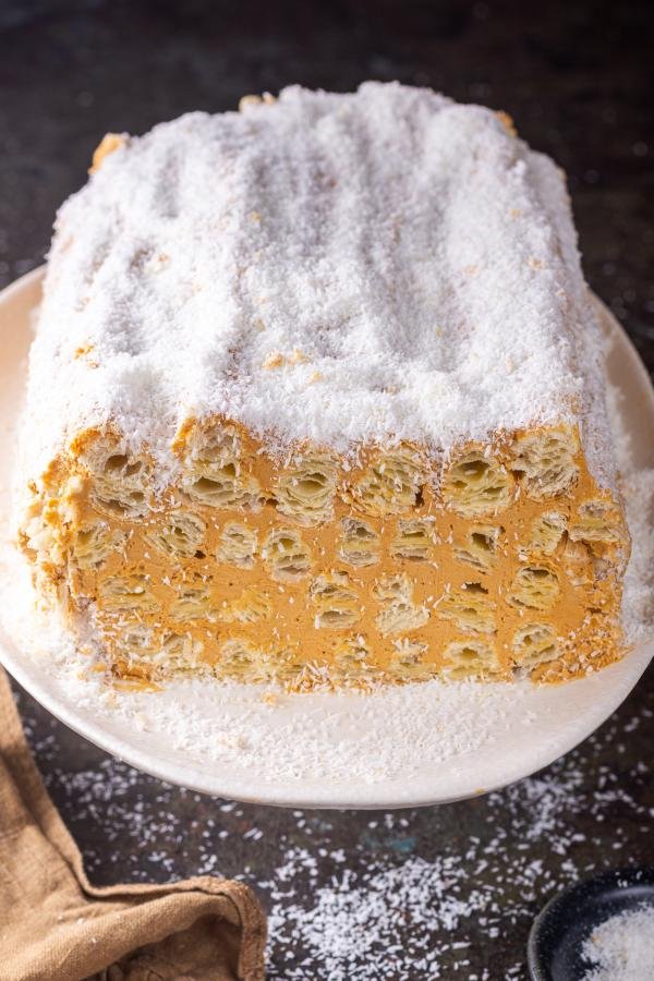 Sliced cake on a serving plate