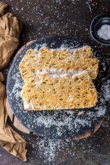 Sliced cake on a serving plate