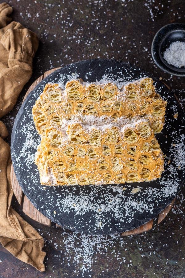 Sliced cake on a serving plate