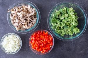Chopped veggies in bowls