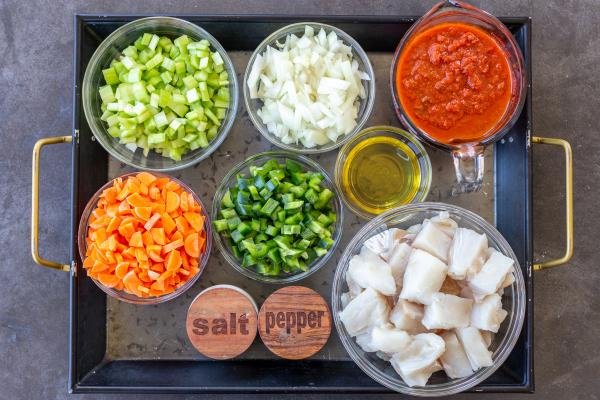 Ingredients for baked cod with veggies