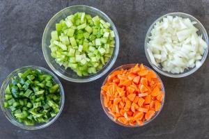 chopped veggies in bowls