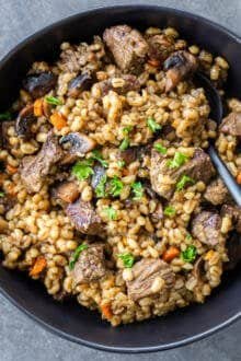 Beef and barley in a bowl