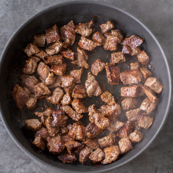 Beef browned in a pan