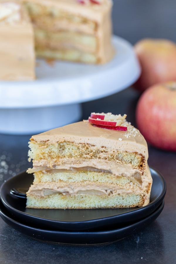 Slice of Caramel Apple Cake on a plate. 