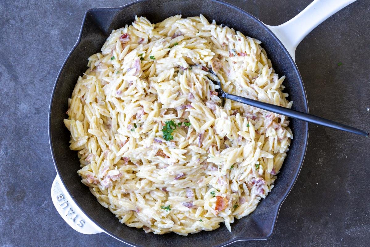 Creamy Orzo Bacon Pasta Recipe Momsdish
