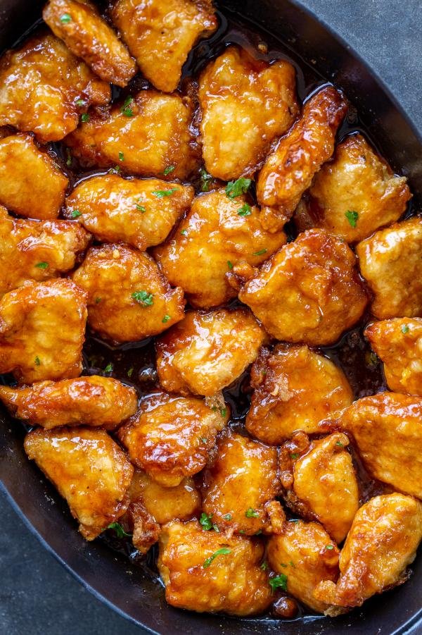 Sweet and sour chicken in a pan
