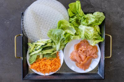 Ingredients for salmon spring rolls.