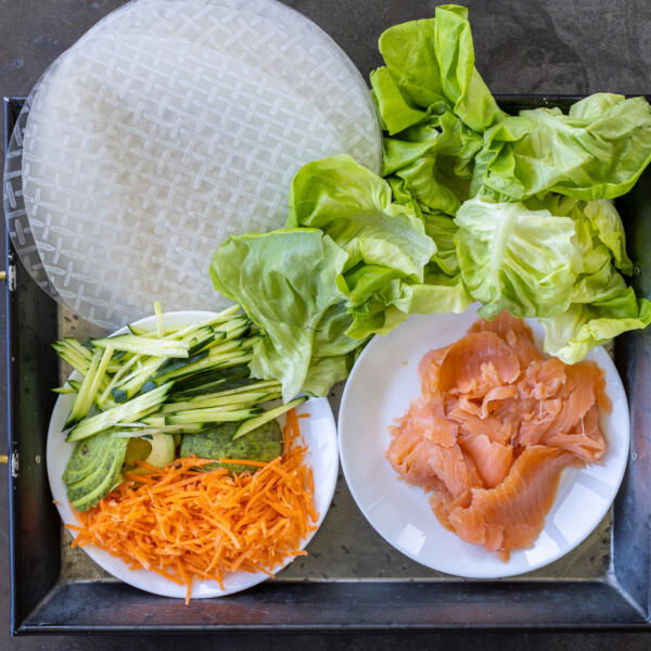 Ingredients for salmon spring rolls.