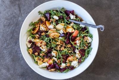 Beet and Goat Cheese Arugula Salad Recipe in a serving bowl