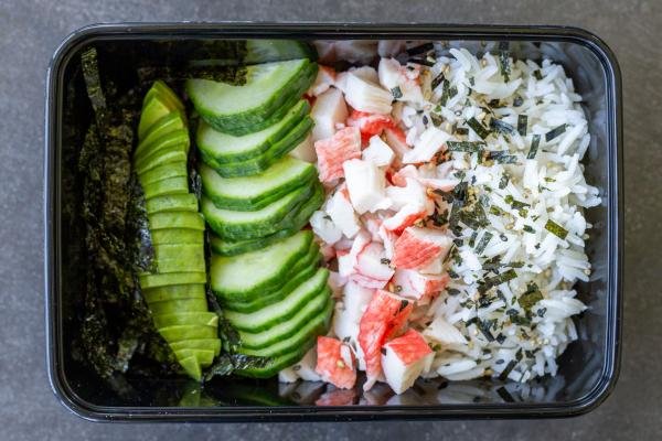 California Sushi Bowl in a to go tray.