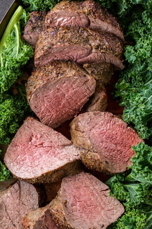 Sliced Roast Beef Tenderloin on a serving tray