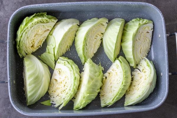 Slcied Cabbage on a baking pan