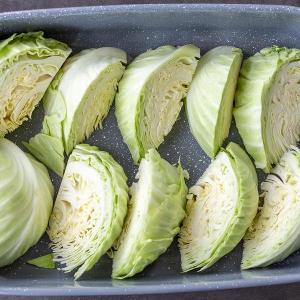 Slcied Cabbage on a baking pan