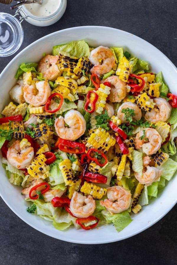 Shrimp salad with lettuce in a bowl. 