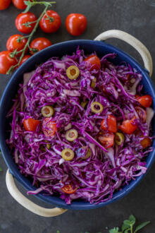 Purple Cabbage salad in a serving bowl.