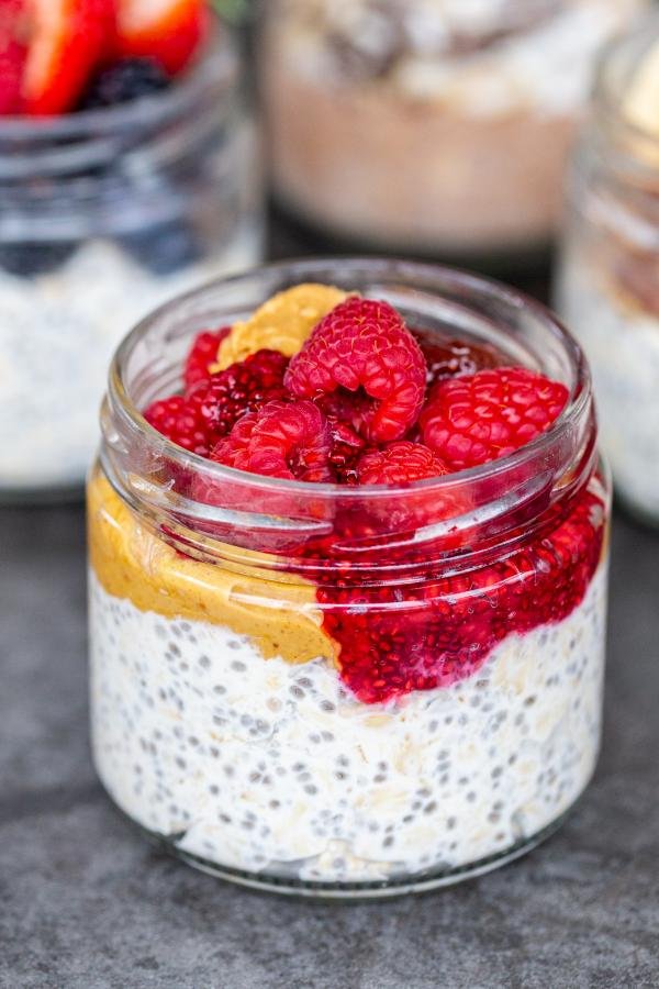 Overnight oats in a jar with jam and peanut butter 
