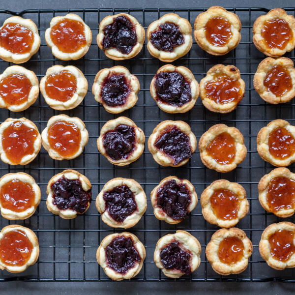 Jam Tarts on a cooling rack.
