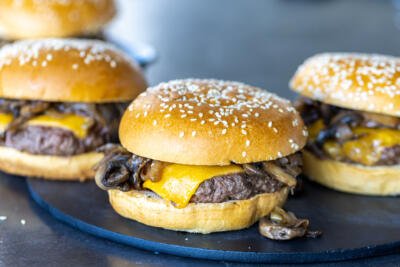 Messy Burger on a serving tray.