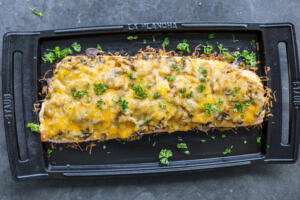 Salmon Mushroom Bake on a serving pan.