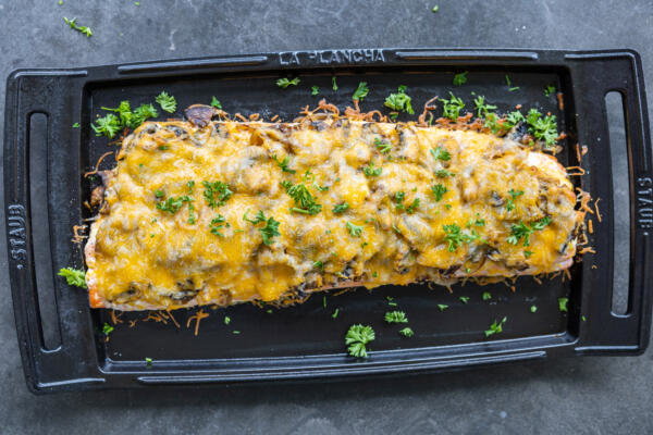 Salmon Mushroom Bake on a serving pan.