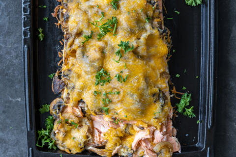 Salmon Mushroom Bake on a pan.
