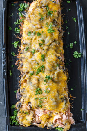 Salmon Mushroom Bake on a serving pan.