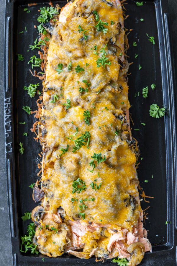 Salmon Mushroom Bake on a serving pan.