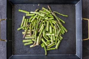Sliced asparagus in a tray