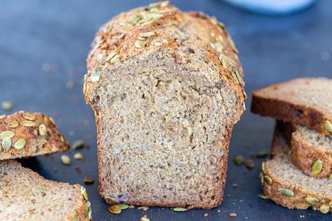 Wheat banana bread on a serving tray