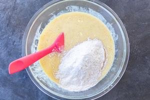 Flour added to liquids for banana wheat bread