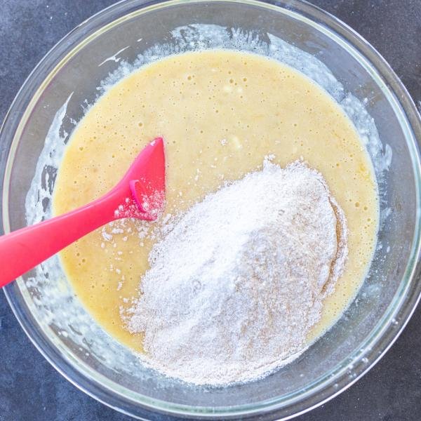 Flour added to liquids for banana wheat bread