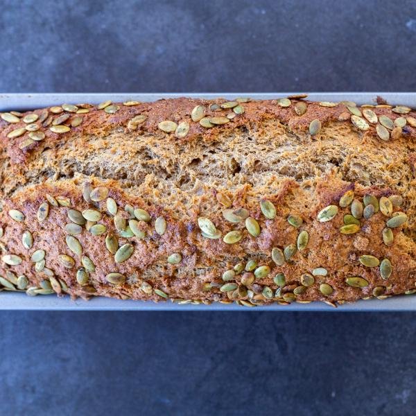 Baked banana bread in a pan
