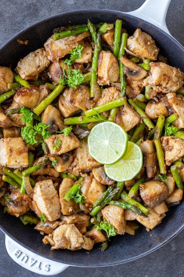 Chicken and Mushrooms with Asparagus in a pan.