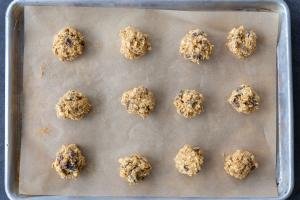 Oatmeal Raisin Cookies on a baking sheet