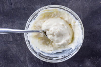 Seasoned mayo in a bowl.