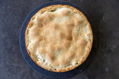 Baked European Plum Pie in a pan.
