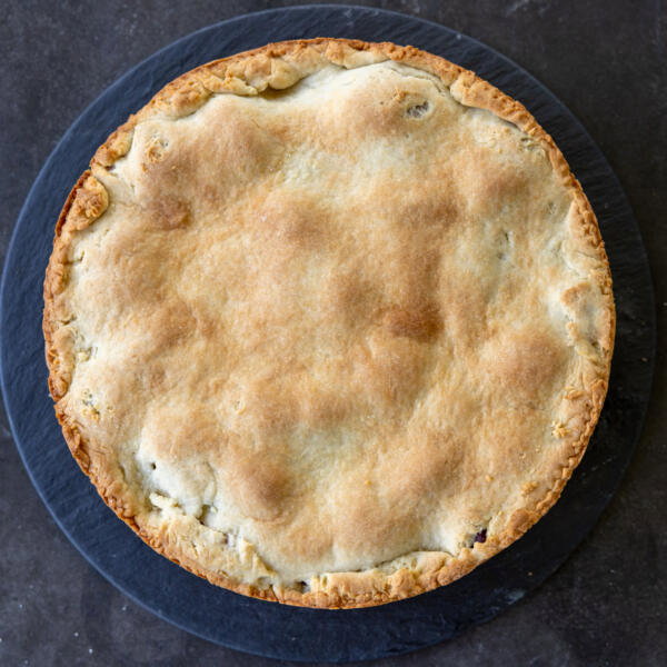 Baked European Plum Pie in a pan.