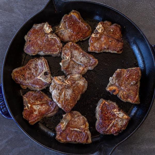 Browned Lamb Loin Chops in a pan