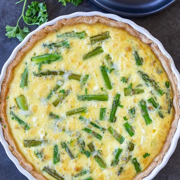 Asparagus Quiche in a baking pan