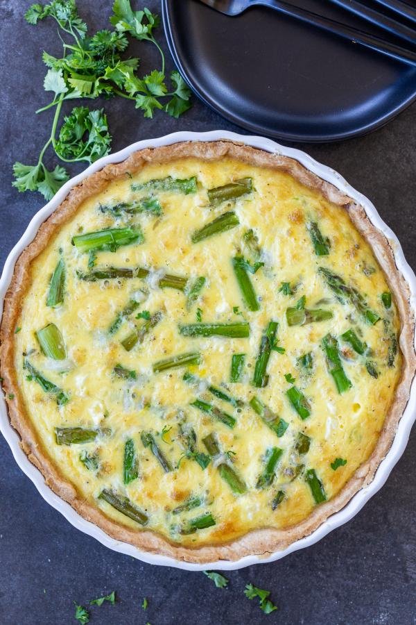 Asparagus Quiche in a baking pan 